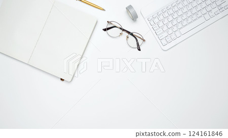 Flat lay composition with copy space. Mock up notebook. Office workspace and productivity concept 124161846