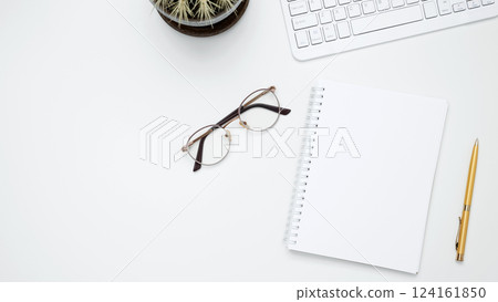 Flat lay composition with copy space. Mock up notebook. Office workspace and productivity concept Flat lay composition with copy space. Mock up notebook. Office workspace and productivity concept 124161850