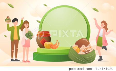 Dragon Boat Festival poster with cloud background, happy characters and zongzi 124161980