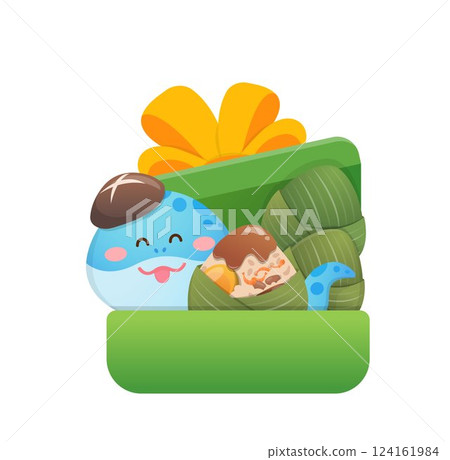 綠色禮物盒與可愛俏皮的蛇吉祥物,端午節與粽子 124161984