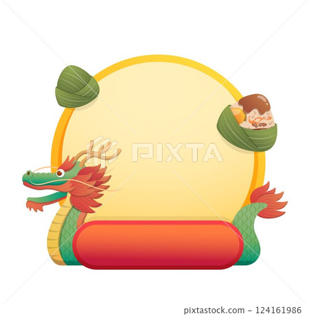 中國龍造型的船的圓形模版與邊框與紅色按鈕,用於商業銷售廣告 124161986