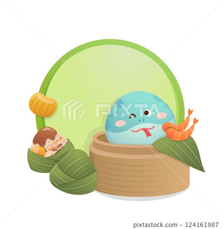 圓形的綠色模版與蛇與粽子卡通人物,商業廣告模板 124161987