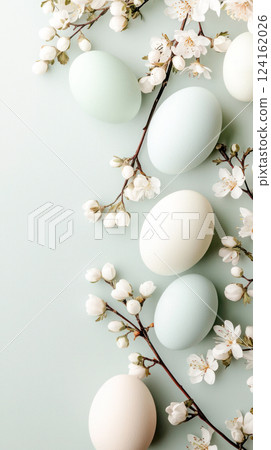 Easter celebration with pastel eggs and white spring blossoms arranged on a soft blue background. 124162026