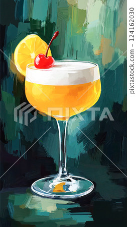 Illustration with Whiskey Sour cocktail in an elegant glass with a frothy top, garnished with a red cherry and a slice of lemon, set against a dark green artistic background. 124162030