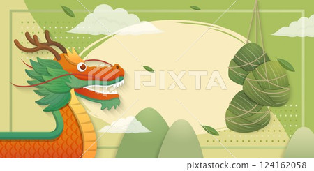 Dragon-shaped boat and race, graphic design illustration, Dragon Boat Festival poster Dragon-shaped boat and race, graphic design illustration, Dragon Boat Festival poster 124162058