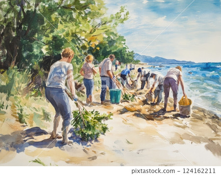 Volunteers cleaning beach, actively contributing to green initiatives as a community 124162211
