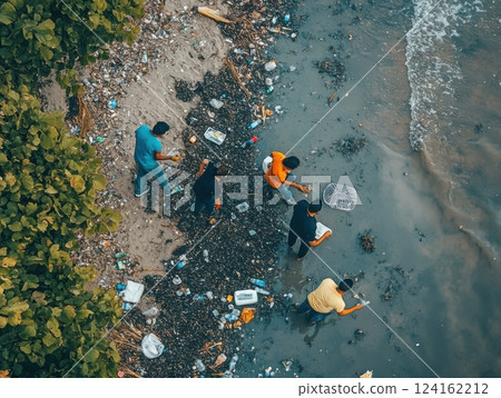 Volunteers cleaning beach, actively contributing to green initiatives as a community Volunteers cleaning beach, actively contributing to green initiatives as a community 124162212