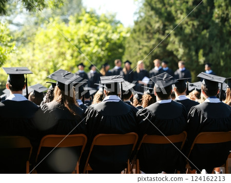 Wide-angle view of a graduation stage with graduates seated while a speaker addresses the crowd 124162213