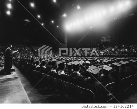 Wide-angle view of a graduation stage with graduates seated while a speaker addresses the crowd 124162214