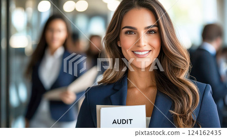 A confident businesswoman in a professional setting holding audit documents, smiling and looking directly at the camera with colleagues in the background. 124162435