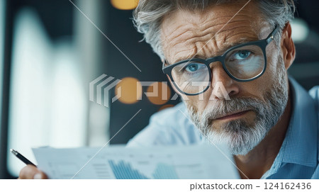 Serious senior businessman with glasses analyzing financial documents in a dimly lit office, focusing on data and decision-making. 124162436