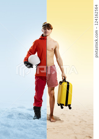 Collage. Season-split adventurer. Man in ski outfit and beach shorts, holding ski helmet and suitcase, standing at border of winter and summer. Collage. Season-split adventurer. Man in ski outfit and beach shorts, holding ski helmet and suitcase, standing at border of winter and summer. 124162564