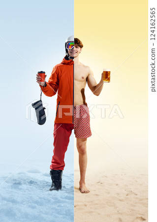 Collage. Winter-to-summer thrill. Man in ski gear and swimwear, holding coffee cup and beer, balancing between snow and sand. 124162565