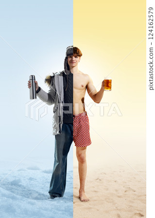 Collage. Two-season explorer Man wearing fur hat and summer swimwear, holding thermos and beer glass while split between cold snow and warm beach. Collage. Two-season explorer Man wearing fur hat and summer swimwear, holding thermos and beer glass while split between cold snow and warm beach. 124162579