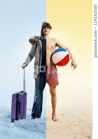Collage. Seasonal traveler. Man dressed in warm winter jacket and summer shorts, holding suitcase, standing between snowy and tropical landscapes. Collage. Seasonal traveler. Man dressed in warm winter jacket and summer shorts, holding suitcase, standing between snowy and tropical landscapes. 124162580