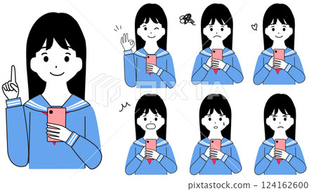 Facial expression set of female students operating smartphones Facial expression set of female students operating smartphones 124162600