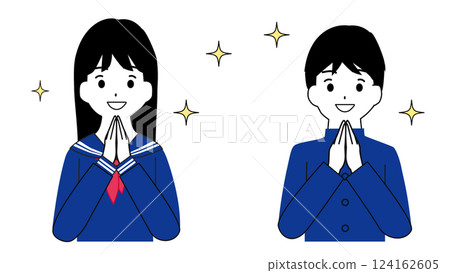 Illustration of the upper body of male and female students in uniforms who are happy with shining eyes Illustration of the upper body of male and female students in uniforms who are happy with shining eyes 124162605