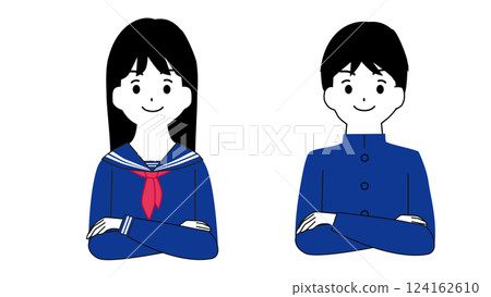 男女學生雙臂交叉的插圖 男女學生雙臂交叉的插圖 124162610