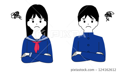 Illustration of male and female students worried with arms crossed 124162612