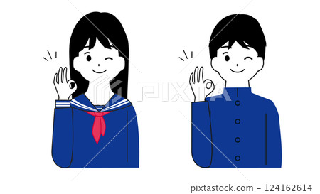 Illustration of male and female students making an OK sign 124162614