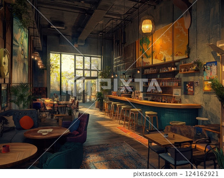 A wide-angle view of a trendy cafe, capturing the interior from below, showcasing furniture, decorations, and a cozy atmosphere 124162921