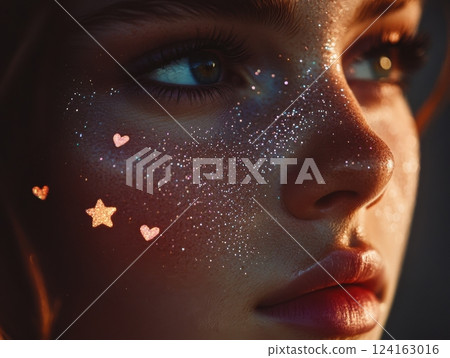 Artistic portrait showcasing shimmering glitter freckles shaped like stars and hearts on a radiant face, highlighting creative beauty 124163016