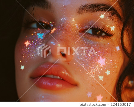 Artistic portrait showcasing shimmering glitter freckles shaped like stars and hearts on a radiant face, highlighting creative beauty Artistic portrait showcasing shimmering glitter freckles shaped like stars and hearts on a radiant face, highlighting creative beauty 124163017