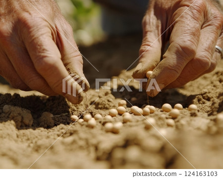 Close-up of a farmer's hands planting seeds into freshly turned soil, symbolizing the beginning of a new crop 124163103