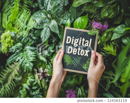 Close-up of hands holding a sign that reads "Digital Detox," surrounded by natural elements like leaves and flowers 124163119