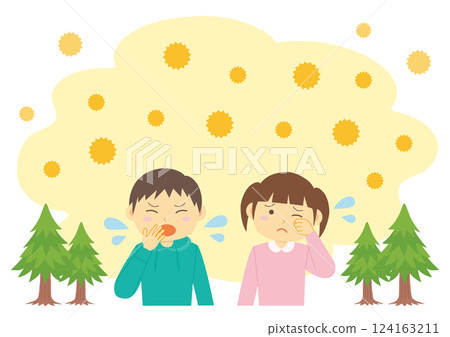 Illustration of pollen flying from trees and a child with hay fever 124163211