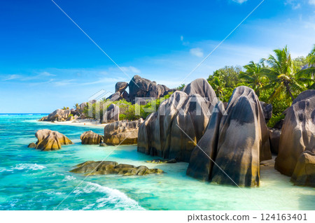 Anse Source D'Argent - the most beautiful beach of Seychelles. La Digue Island, Seychelles Anse Source D'Argent - the most beautiful beach of Seychelles. La Digue Island, Seychelles 124163401