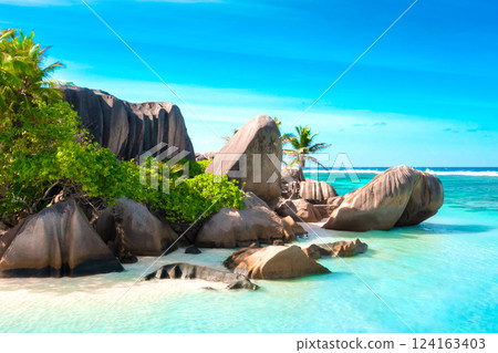 Anse Source D'Argent - the most beautiful beach of Seychelles. La Digue Island, Seychelles Anse Source D'Argent - the most beautiful beach of Seychelles. La Digue Island, Seychelles 124163403