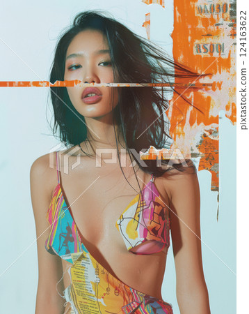 Vibrant newspaper collage bikini with confident pose 124163622