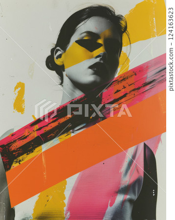 Neon paint slash collage with moody portrait 124163623