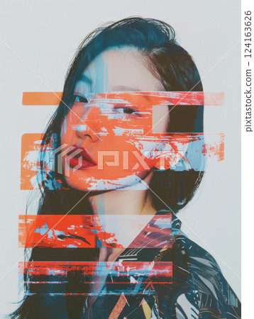 Red-blue glitch collage portrait with abstract layering 124163626
