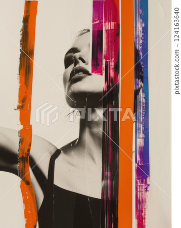 Vivid vertical strip collage on black and white portrait 124163640