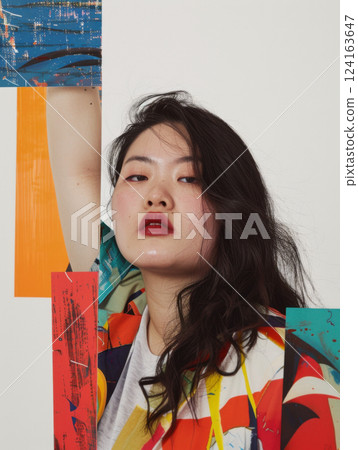 Bold color block collage with confident female expression 124163647