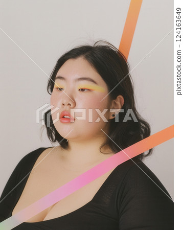 Seductive plus-size floral ensemble with playful strips 124163649