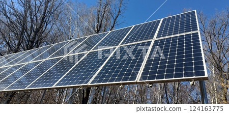 Solar panels are positioned to capture sunlight in a forested location, providing clean energy. The clear blue sky above enhances the setting, indicating early spring 124163775