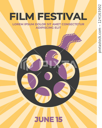 Retro film festival poster with film reel with wavy ribbon on rays background. Minimalist movie poster. Vector illustration Retro film festival poster with film reel with wavy ribbon on rays background. Minimalist movie poster. Vector illustration 124163902