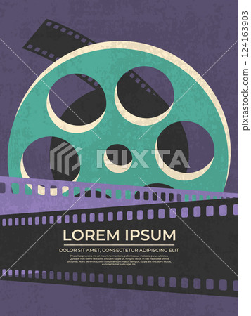 Vintage film festival poster with film reel and crossed film strips. Movie poster in retro style. Vector illustration Vintage film festival poster with film reel and crossed film strips. Movie poster in retro style. Vector illustration 124163903