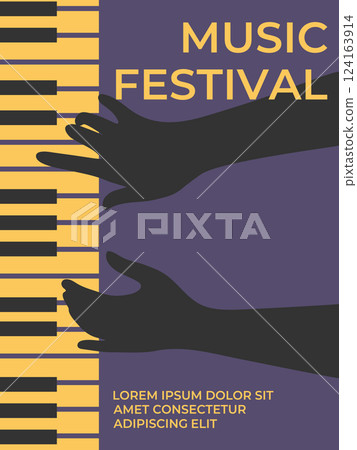 Music festival poster design with silhouette of human hands playing the piano. Minimalist music festival template. Vector illustration Music festival poster design with silhouette of human hands playing the piano. Minimalist music festival template. Vector illustration 124163914