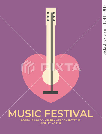 Music festival poster design with heart shaped guitar. Minimalist music festival background template. Vector illustration Music festival poster design with heart shaped guitar. Minimalist music festival background template. Vector illustration 124163915