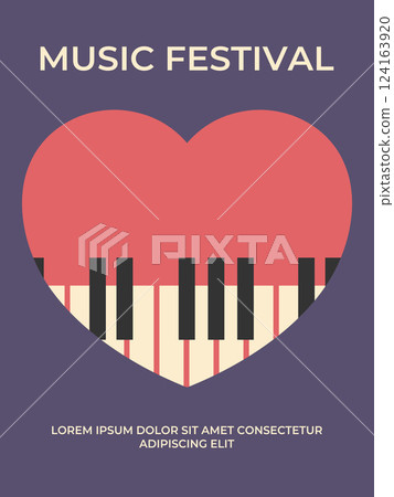 Music festival poster design with piano keys in heart shape. Minimalist music festival template. Vector illustration 124163920