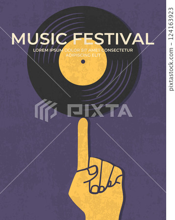 Music festival poster with a hand spinning vinyl record on an index finger. Music festival template. Vector illustration Music festival poster with a hand spinning vinyl record on an index finger. Music festival template. Vector illustration 124163923