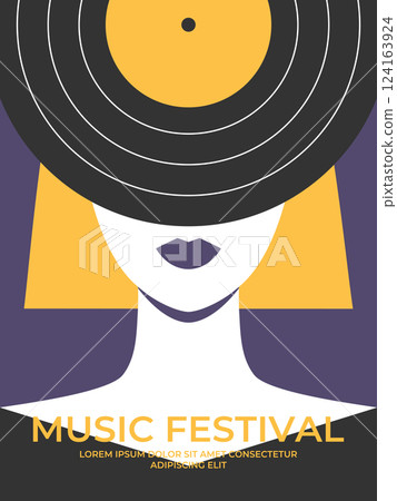 Minimalist music festival poster with woman in vinyl record hat covering her eyes. Music festival poster template in retro style. Vector illustration Minimalist music festival poster with woman in vinyl record hat covering her eyes. Music festival poster template in retro style. Vector illustration 124163924