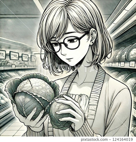 一位年輕女子猶豫著是否要買高麗菜 單調的圖片 124164019