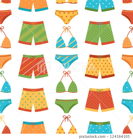 Seamless pattern with colorful swimsuits. Different fashion bikini and swimming trunks. Women's and man's clothes for summer vacation. Vector flat illustration for wallpaper, textile, packaging Seamless pattern with colorful swimsuits. Different fashion bikini and swimming trunks. Women's and man's clothes for summer vacation. Vector flat illustration for wallpaper, textile, packaging 124164105