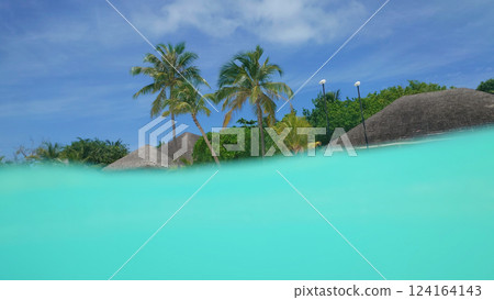 Tropical island paradise emerging from crystal clear turquoise water 124164143