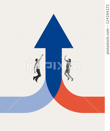 Growth strategy. Two executives rising through converging paths towards success, symbolizing structured progress, strategic alliance 124164172